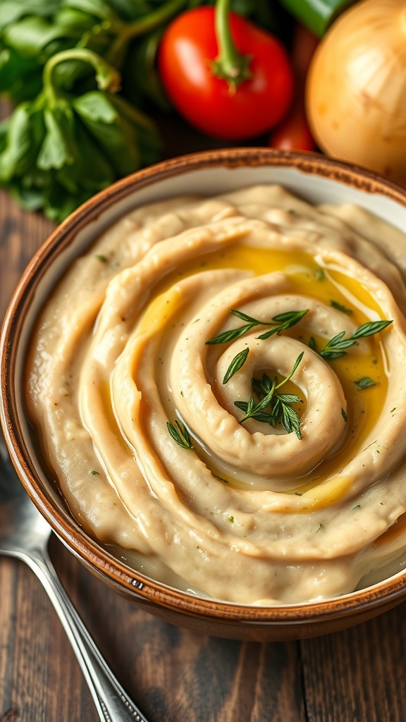 Creamy mashed northern beans in a bowl, garnished with herbs and olive oil on a wooden table.